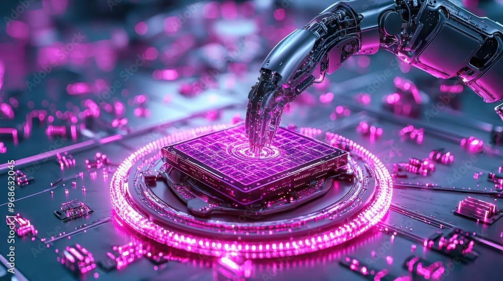 Fototapeta premium Advanced AI-powered robotic arms assembling digital devices in a glowing factory