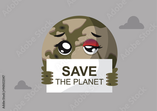 Illustration of a sad Earth with injuries holding a "Save the Planet" sign, symbolizing environmental protection and climate crisis awareness.