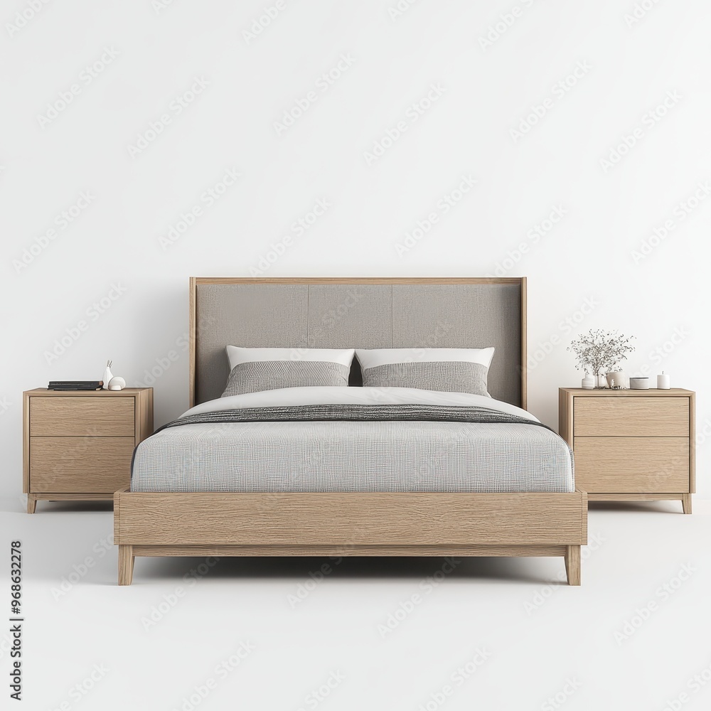 A modern bedroom setup featuring a bed and two nightstands with minimalist design. A modern bedroom setup featuring a bed and two nightstands with minimalist design.