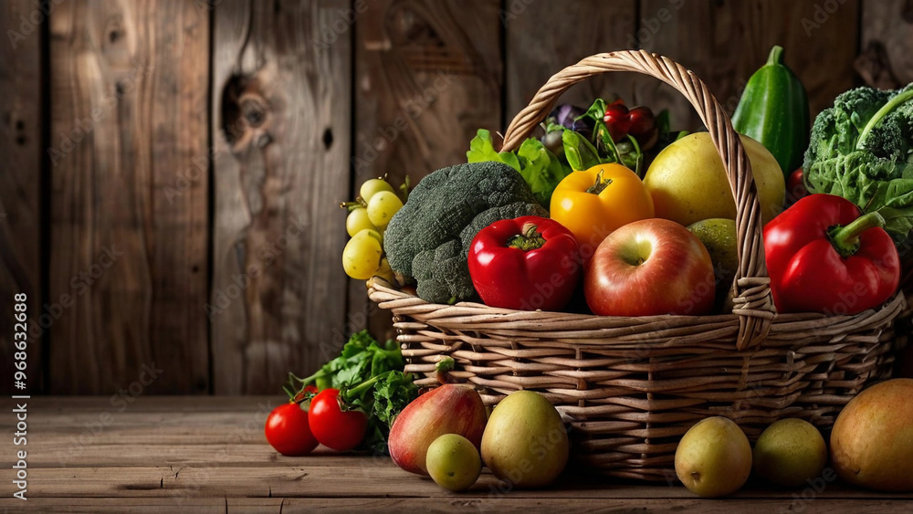 A rustic basket filled with fresh fruits and vegetables on a wooden surface A rustic basket filled with fresh fruits and vegetables on a wooden surface
