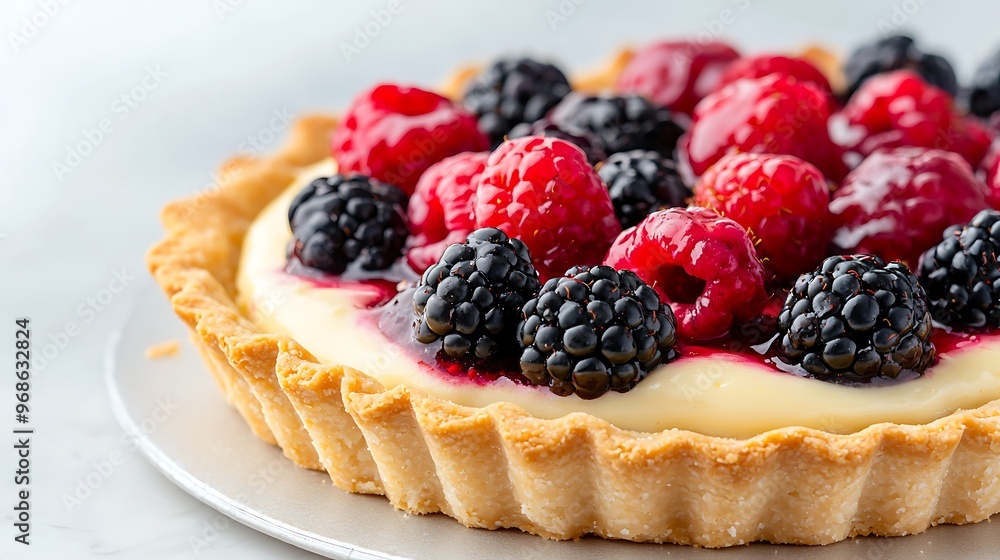 A vibrant, close-up shot of a fruit tart filled with creamy custard and topped with glistening fresh berries. The fruit shines under the lighting, with the tart is flaky crust and smooth custard A vibrant, close-up shot of a fruit tart filled with creamy custard and topped with glistening fresh berries. The fruit shines under the lighting, with the tart is flaky crust and smooth custard