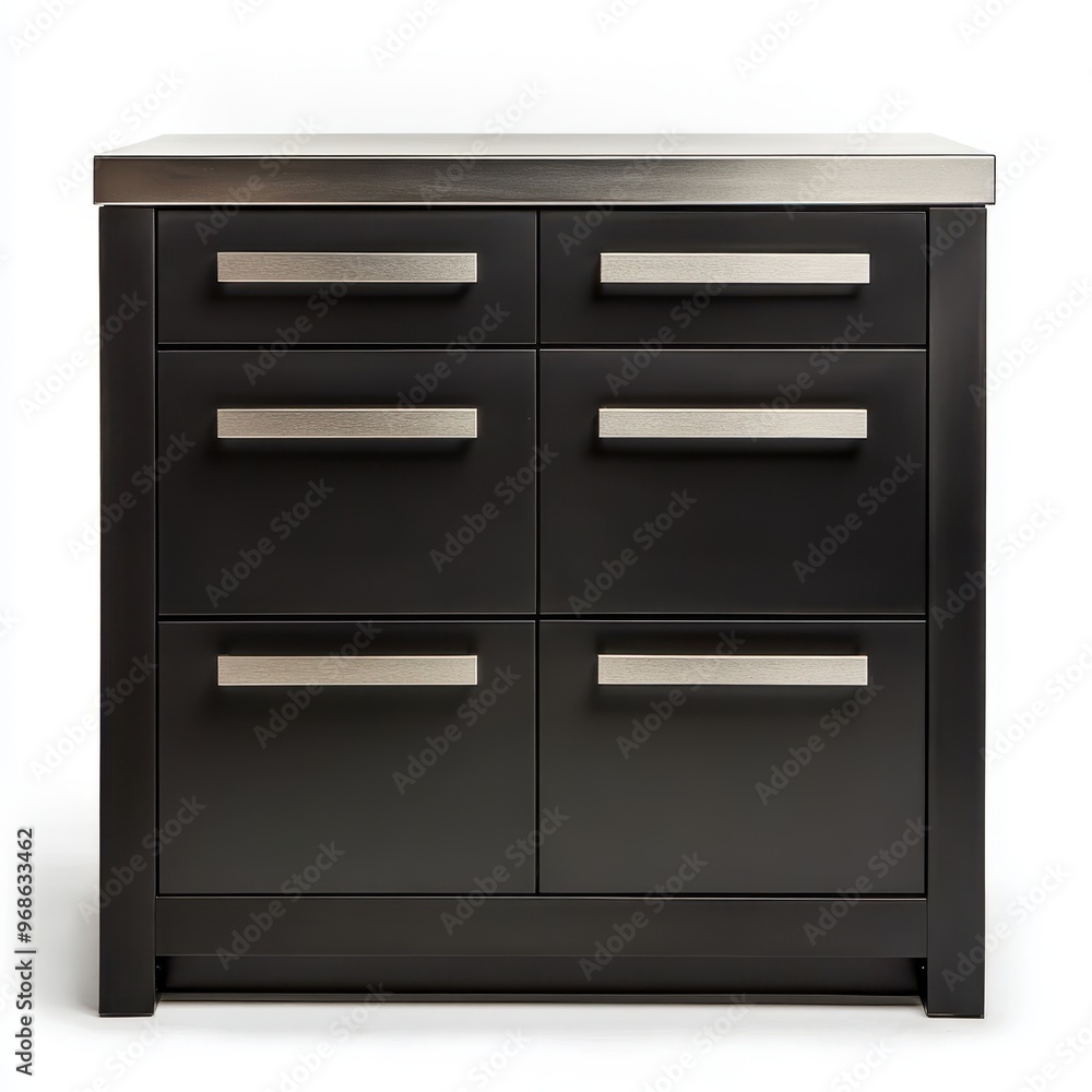 A modern black drawer cabinet with stainless steel handles and a flat top surface. A modern black drawer cabinet with stainless steel handles and a flat top surface.