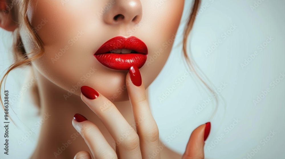 Beautiful girl with red lips showing red manicure nails, close up, graceful, simple background Beautiful girl with red lips showing red manicure nails, close up, graceful, simple background