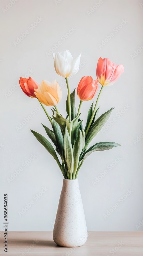 White vase with colorful tulips on wooden White vase with colorful tulips on wooden