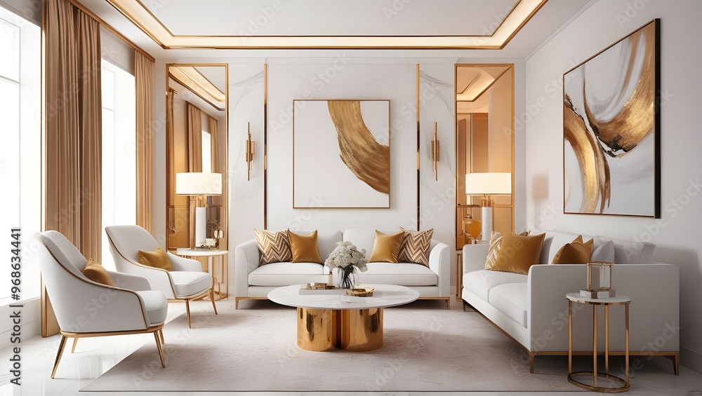 A sleek modern living room adorned with gold accents, creating a sophisticated and warm ambiance. A sleek modern living room adorned with gold accents, creating a sophisticated and warm ambiance.