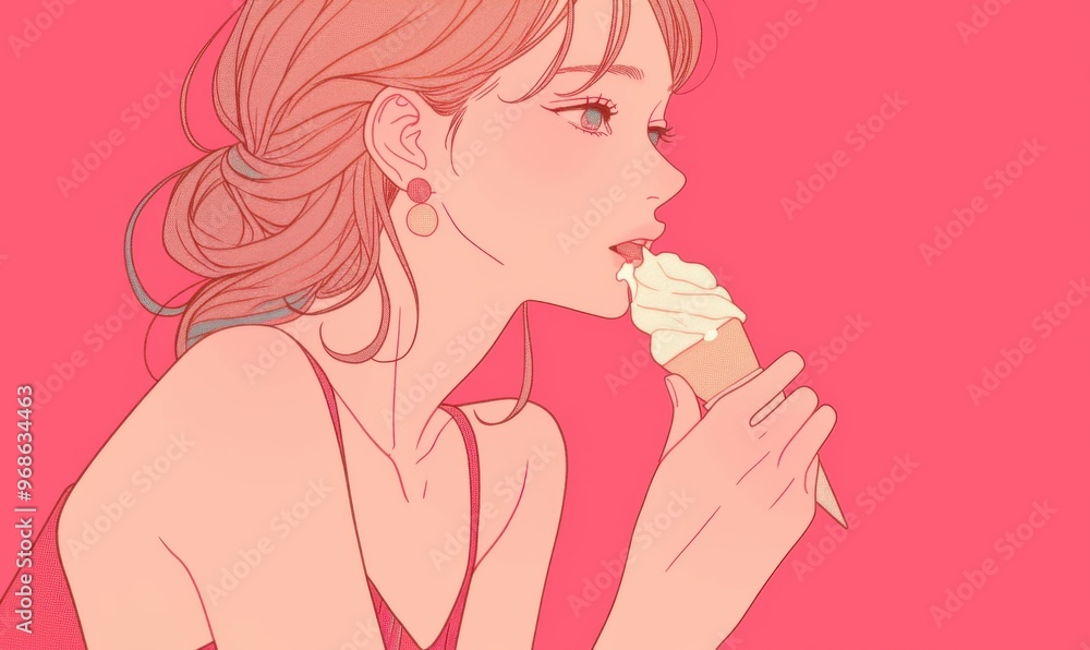 Beautiful woman eating ice cream, bright simple one color background Beautiful woman eating ice cream, bright simple one color background