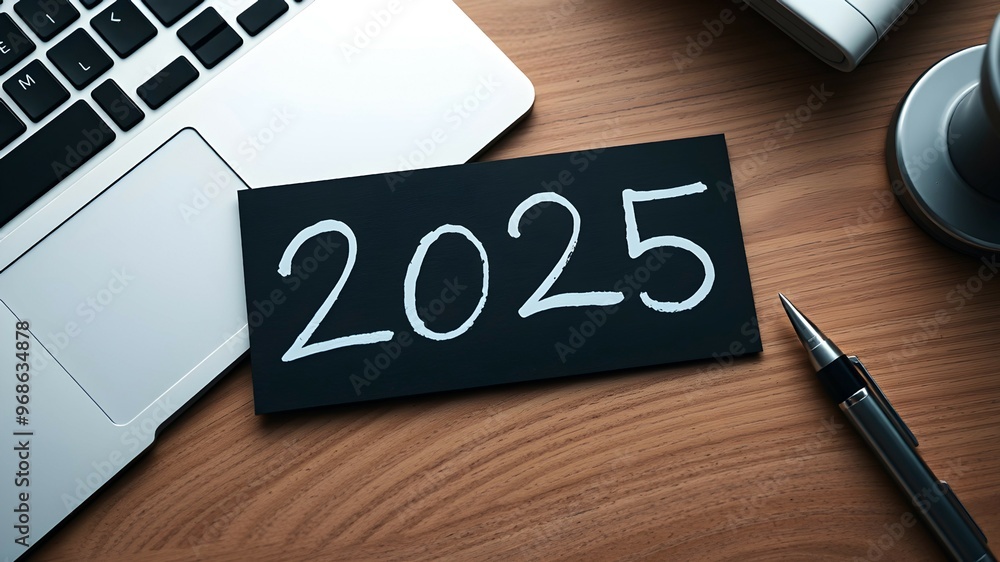 Sign Card with text 2025 on office desk. Notepad message 2025. New years ideas and goals background Sign Card with text 2025 on office desk. Notepad message 2025. New years ideas and goals background