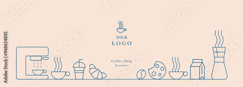 Hand drawn illustration of Bakery and Coffee. Icons. Abstract geometric line background. Gold luxury. Pattern for cover design, food package, menu, background, café wall, coffee shop, web banner