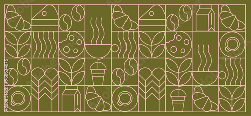 Coffee modern geometric pattern in mosaic line tiles, vector background. Coffee cup and moka pot with cappuccino and espresso, coffee beans and hot chocolate in geometric pattern 