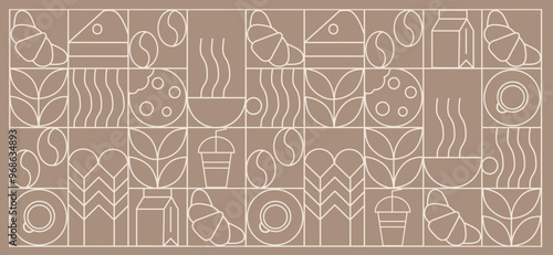 Coffee modern geometric pattern in mosaic line tiles, vector background. Coffee cup and moka pot with cappuccino and espresso, coffee beans and hot chocolate in geometric pattern 