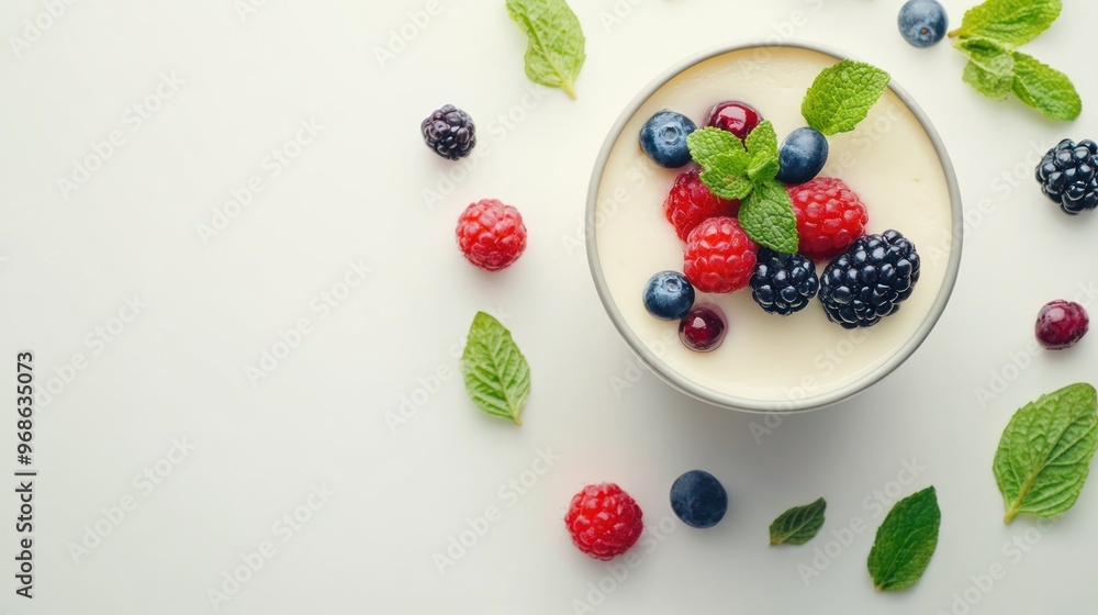 A bowl of creamy white dessert topped with fresh raspberries, blueberries, blackberries, and mint leaves, on a white background. A bowl of creamy white dessert topped with fresh raspberries, blueberries, blackberries, and mint leaves, on a white background.