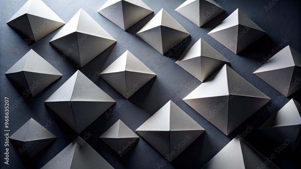 Abstract geometric paper shapes with shadows on black diagonal background, top view flat lay Abstract geometric paper shapes with shadows on black diagonal background, top view flat lay