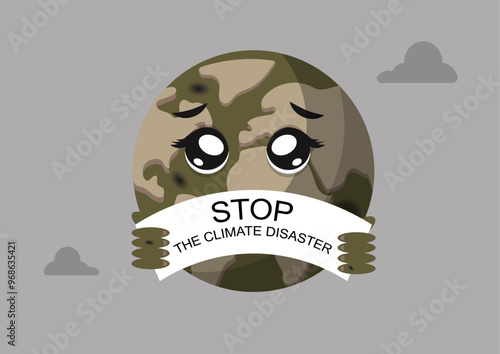 "Sad Earth with Stop the Climate Disaster Banner, Environmental Awareness Illustration"
