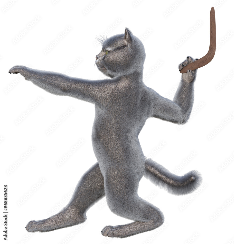 Fototapeta premium Anthropomorphic cat ready to throw a boomerang. 3d rendering on a transparent background. No AI used