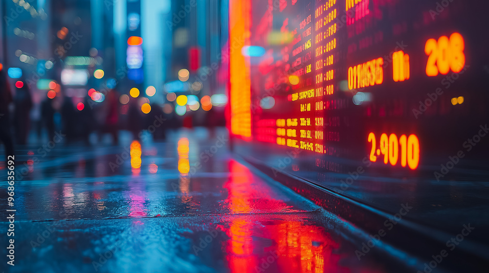 A busy city street with a large red board displaying stock prices. The board is lit up and the lights in the background are bright and colorful. Concept of hustle and bustle, with people walking A busy city street with a large red board displaying stock prices. The board is lit up and the lights in the background are bright and colorful. Concept of hustle and bustle, with people walking