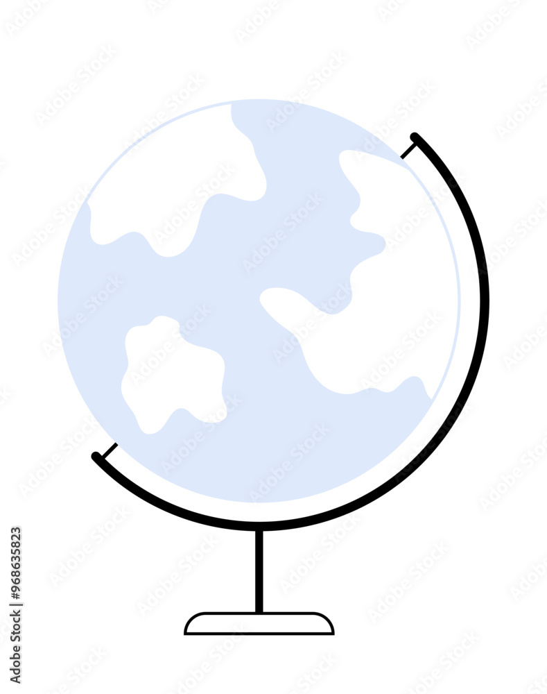 A light blue and white globe on a stand, with simplified outlines of continents. Ideal for geography, education, travel, exploration, minimalism. The globe features a black frame and base. A light blue and white globe on a stand, with simplified outlines of continents. Ideal for geography, education, travel, exploration, minimalism. The globe features a black frame and base.