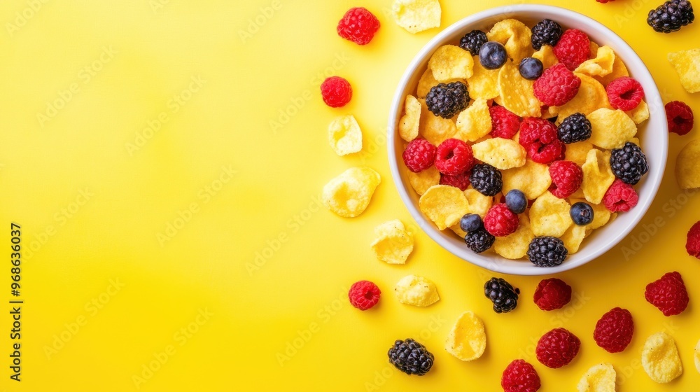 A bowl of cereal with raspberries and blueberries on a yellow background. A bowl of cereal with raspberries and blueberries on a yellow background.
