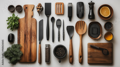 A collection of kitchen utensils and tools are displayed on a wooden surface. Scene is that of a well-stocked kitchen, ready for cooking and meal preparation