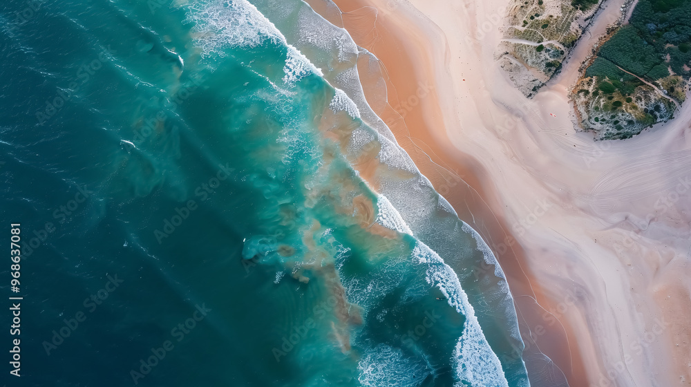 Fototapeta premium Aerial view of summer ocean and beach shoreline.