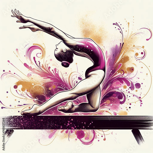 Gymnast performing on balance beam with graceful movements and artistic flair

