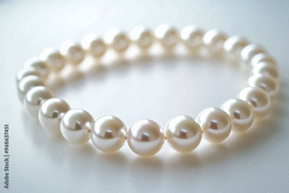 A Photo Elegant Pearl Necklace: A close-up of a pearl necklace with smooth, shimmering white pearls, elegantly coiled in a circular pattern on a stark white background. A Photo Elegant Pearl Necklace: A close-up of a pearl necklace with smooth, shimmering white pearls, elegantly coiled in a circular pattern on a stark white background.