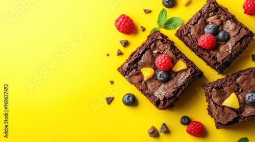 Three chocolate brownies with raspberries, blueberries, and chocolate chips on a yellow background.