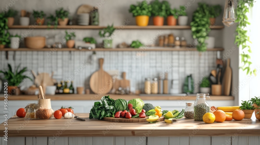 There are nutritious items on the kitchen table.
There are nutritious items on the kitchen table.