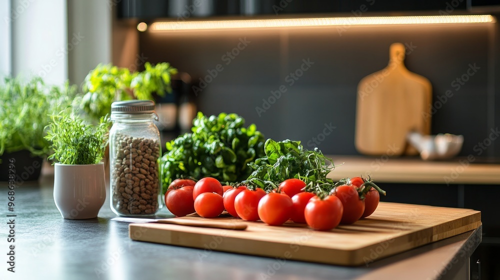 There are nutritious items on the kitchen table.
There are nutritious items on the kitchen table.