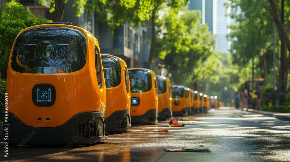 Fototapeta premium AI-guided smart city waste management with automated recycling robots: Autonomous robots sorting and managing city waste.