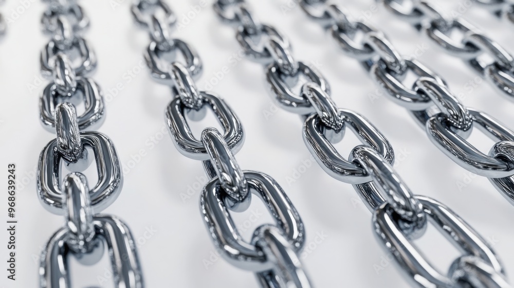 Fototapeta premium A close-up shot of heavy metal chains arranged on a clean, white background. The focus is on the texture and weight of the metal
