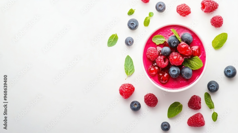 A white bowl filled with pink smoothie topped with blueberries, raspberries and mint leaves, surrounded by more berries and mint on a white background. A white bowl filled with pink smoothie topped with blueberries, raspberries and mint leaves, surrounded by more berries and mint on a white background.
