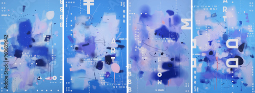 An abstract art piece featuring four posters, each displaying an array of pastel colored shapes and lines in shades of blue, pink, purple, and white.