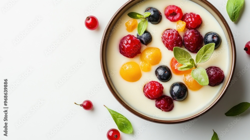 A bowl of creamy yogurt topped with fresh raspberries, blueberries, yellow berries, and basil leaves. A bowl of creamy yogurt topped with fresh raspberries, blueberries, yellow berries, and basil leaves.