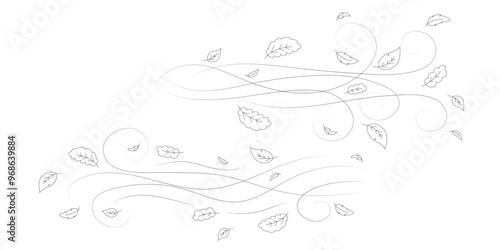 Doodle autumn leaves flying in the wind. Falling season outline backdrop, air flow leaves wave linear pattern or wind blowing doodle vector print. Autumn windy weather hand drawn monochrome background