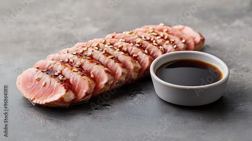 A professional image of a beautifully seared tuna steak, sliced thin and served with a soy glaze and sesame seeds. The vibrant pink of the tuna contrasts perfectly with the dark sauce, styled to photo