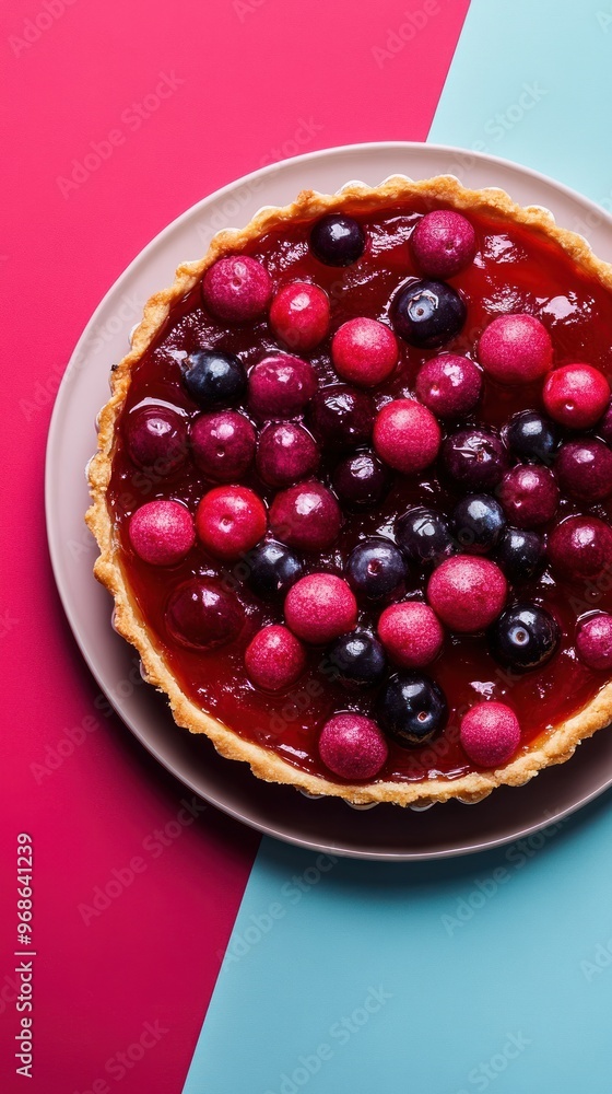 A top view of a red berry tart with a pink and blue background. A top view of a red berry tart with a pink and blue background.