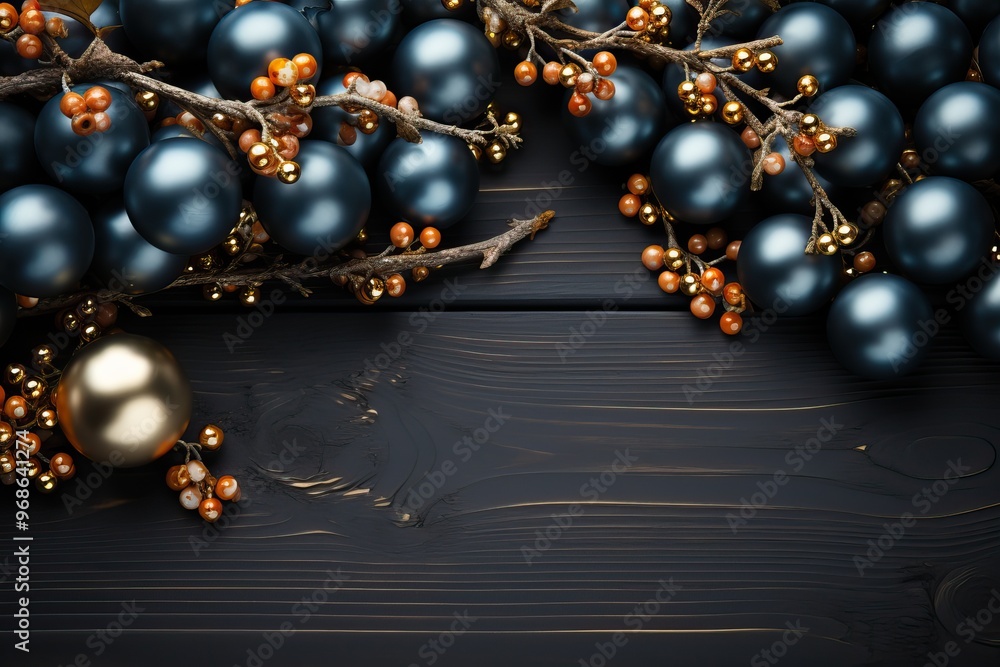 Christmas background with small balls and Christmas tree twigs on a wooden gray background. Christmas background with small balls and Christmas tree twigs on a wooden gray background.