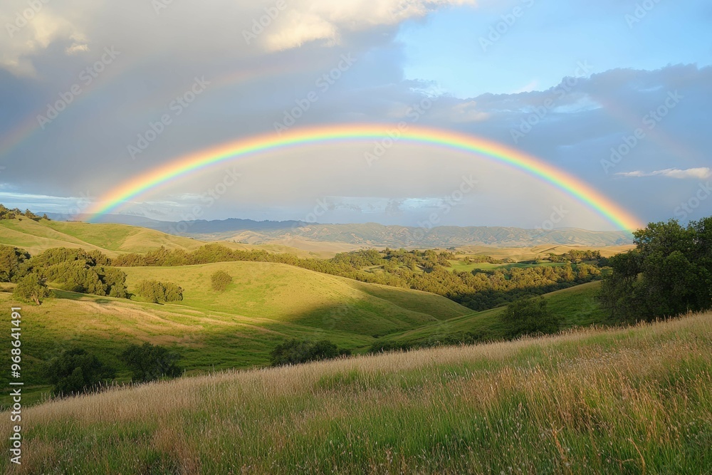 Obraz premium Rainbow Over Rolling Hills: A beautiful post-rain scene with a clear