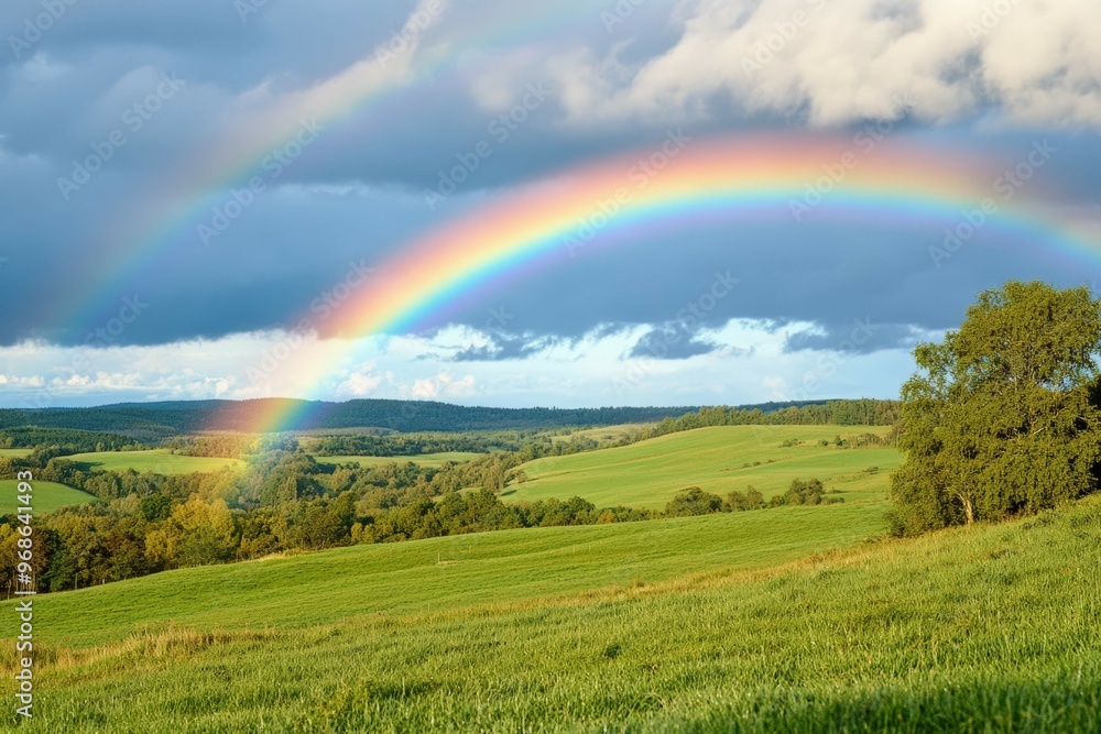 Rainbow Over Rolling Hills: A beautiful post-rain scene with a clear Rainbow Over Rolling Hills: A beautiful post-rain scene with a clear