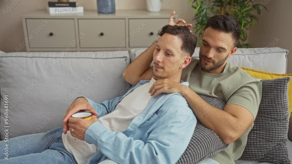 Gay couple relaxing together at home, one man holding a coffee cup while the other gently touches his head in a cozy living room Gay couple relaxing together at home, one man holding a coffee cup while the other gently touches his head in a cozy living room