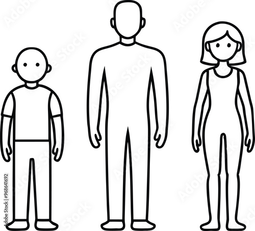 Adult man, woman and child body chart, front view. Blank human body icon, vector illustration on black and white.