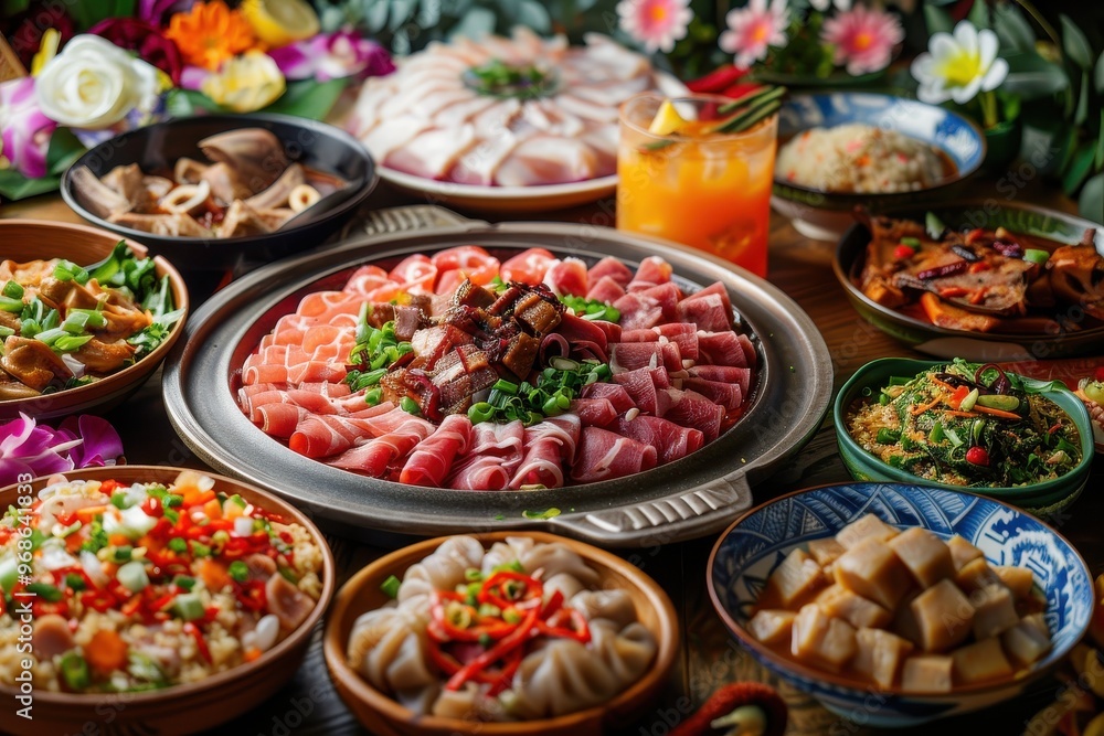 A table full of food with a variety of dishes including meat, vegetables A table full of food with a variety of dishes including meat, vegetables