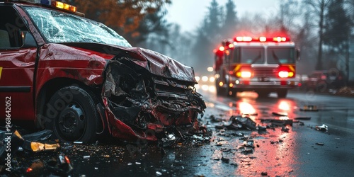 Emergency Responders Assist at a Serious Car Accident on a Rainy City Street in the Evening