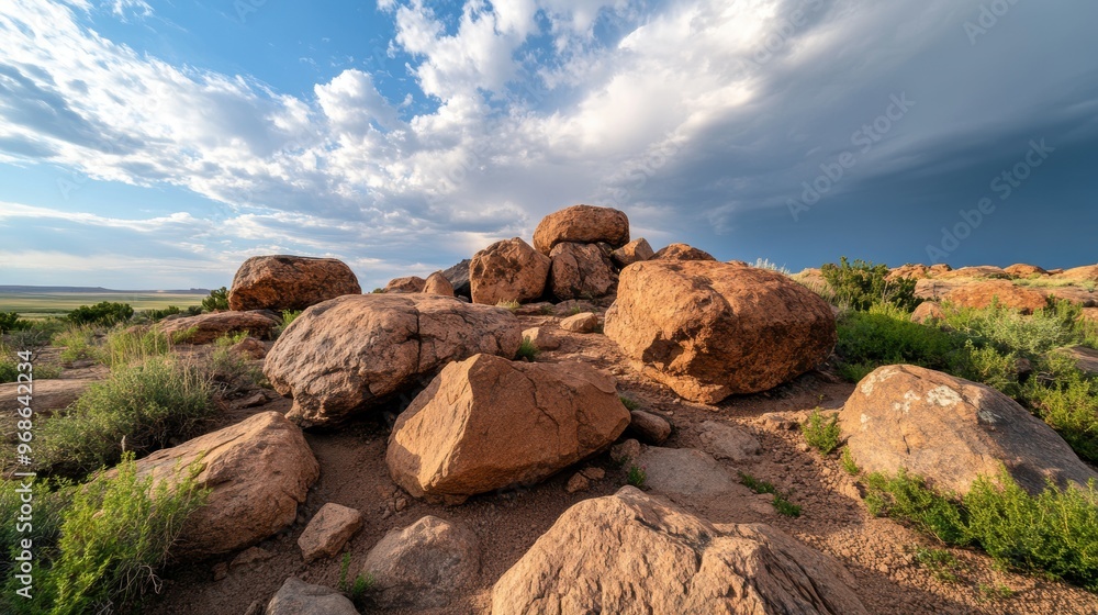 A field of large granite boulders spread across the landscape under a dramatic, cloudy sky, showcasing the power and resilience of nature. A field of large granite boulders spread across the landscape under a dramatic, cloudy sky, showcasing the power and resilience of nature.