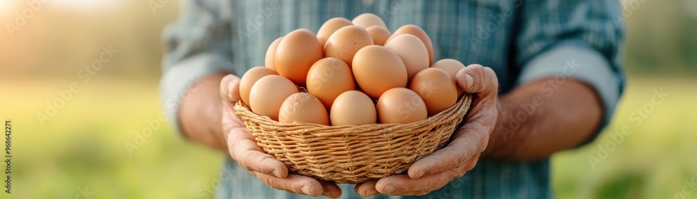 Farmer holding a basket of freshly collected eggs, standing in front of a poultry house, earthy tones conveying rural simplicity Poultry, Fresh Eggs, Farm Life Farmer holding a basket of freshly collected eggs, standing in front of a poultry house, earthy tones conveying rural simplicity Poultry, Fresh Eggs, Farm Life