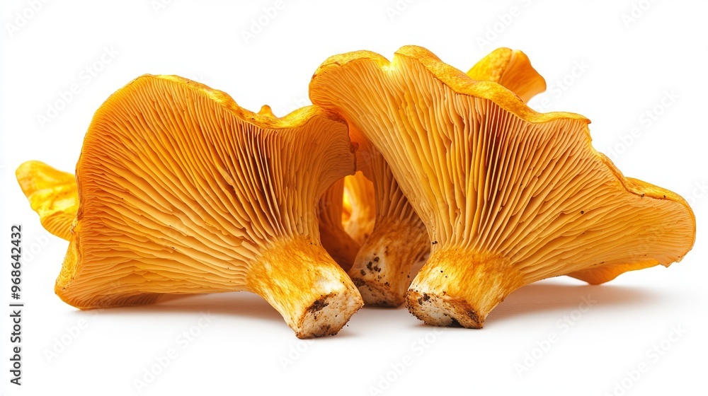 A Cluster of Bright Orange Chanterelle Mushrooms is Arranged Attractively Against a White Background A Cluster of Bright Orange Chanterelle Mushrooms is Arranged Attractively Against a White Background