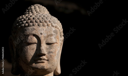 Buddha portrait, in the Indian style, with a dark background, high resolution, hyper realistic photographic style. 