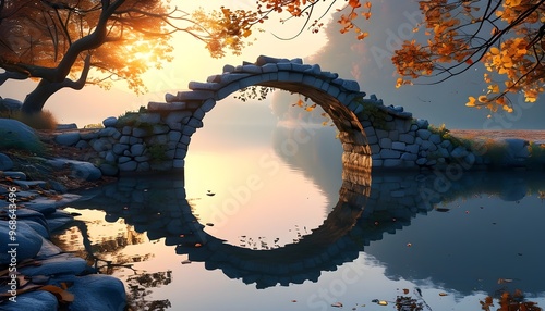 Serene autumn landscape featuring an ancient circular stone bridge over a tranquil lake bathed in soft sunrise light photo