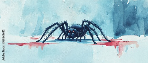 Tarantula in a miniature vampire cape on a spooky tabletop, vampire spider, creepy-crawly Halloween, watercolor style