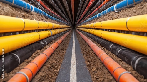Wallpaper Mural Illustrative cutaway of an underground utility installation beneath a road, showing layers of cables, pipes, and protective barriers Torontodigital.ca